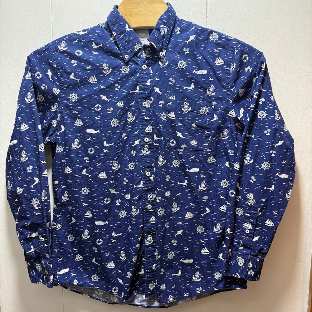 Brooks Brothers Regent Fit Nautical Print Button Down Shirt Navy Blue Mens L